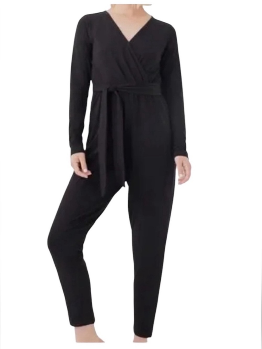 PACT Luxe Jersey Wrap Jumpsuit Black Long Sleeve Organic Cotton S